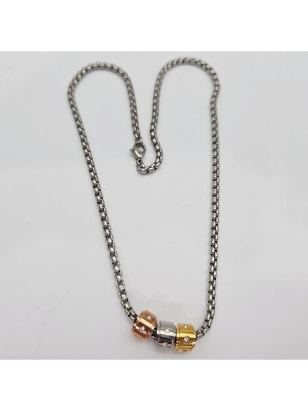 Stainless Steel Chain Necklace Rose Gold Silver & Gold-Tone Beads Rhinestones